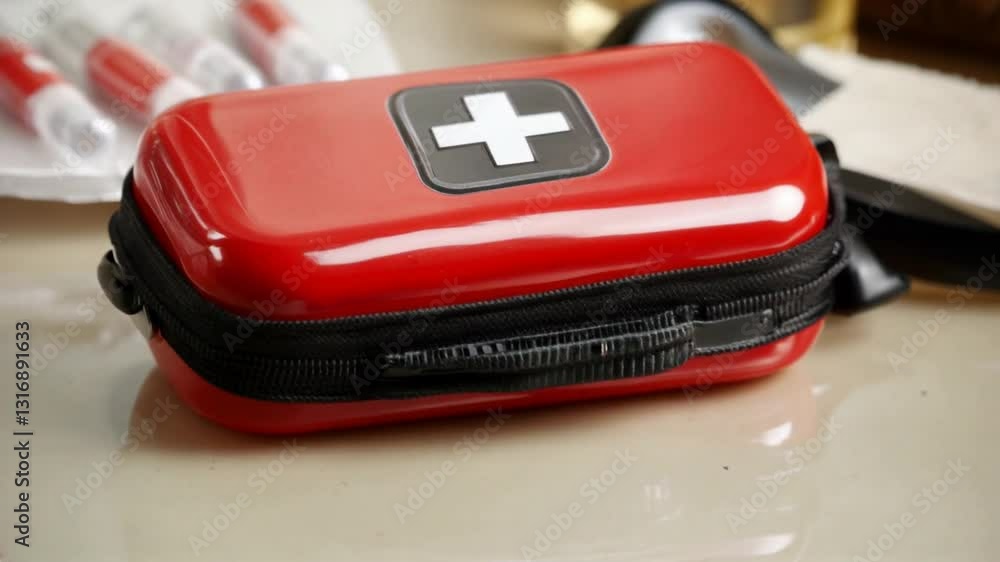 Red first aid kit symbolizes readiness for medical emergencies Red first aid kit symbolizes readiness for medical emergencies