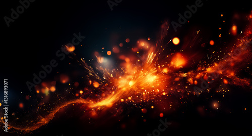 A vivid burst of fiery orange and yellow light erupts against a dark backdrop, creating a dynamic display of sparks and trails of energy.