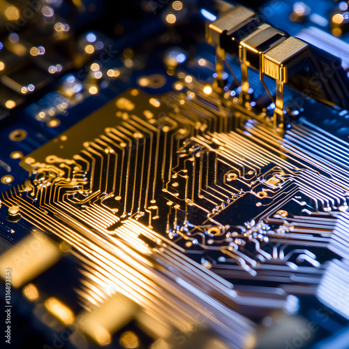 A close up of a computer chip with gold and silver parts