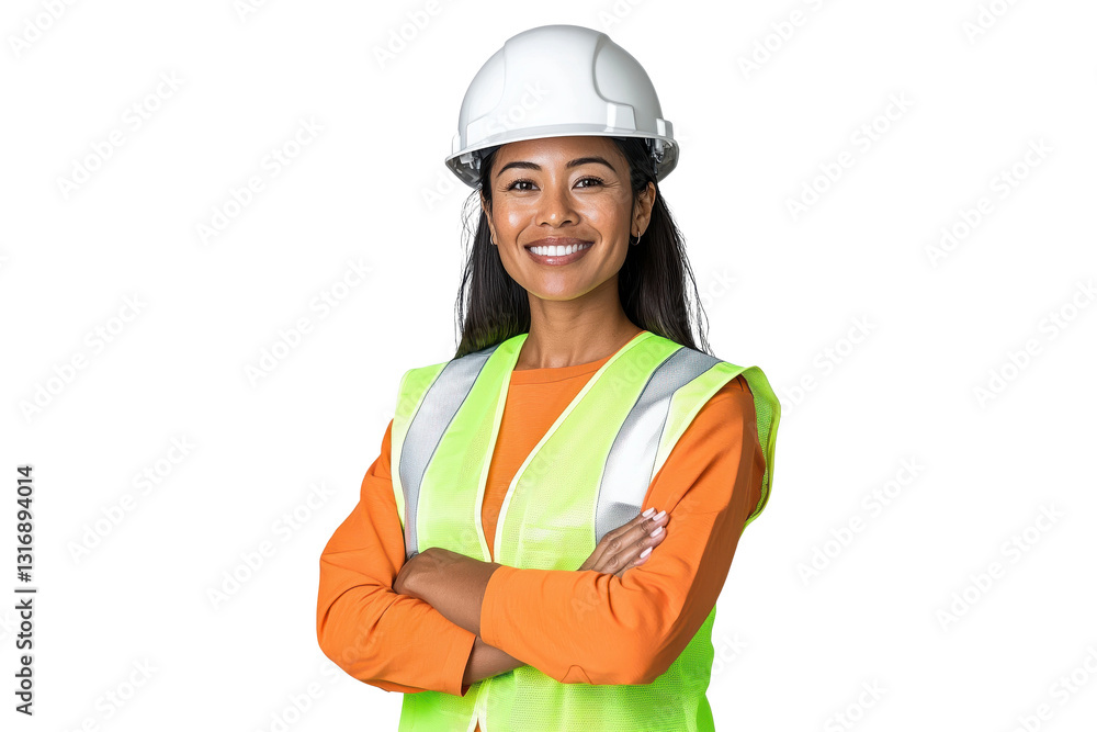 Smiling female construction worker isolated on transparent background