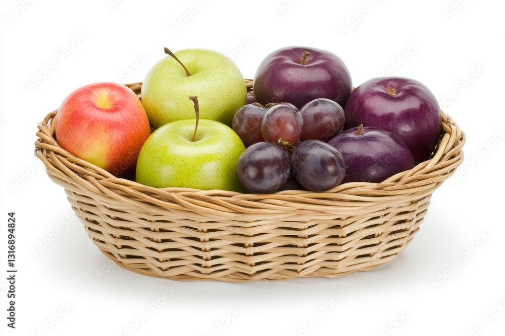 Fresh Fruit Basket with Apples, Plums, and Grapes on White Background Fresh Fruit Basket with Apples, Plums, and Grapes on White Background