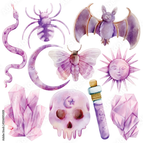 Watercolor Gothic Witchcraft Illustration Set, Mystic, Moon, Crystal, Skull, Bat, Spider, Snake, Potion, Moth, Sun, Hand Painted