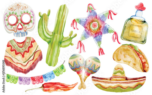 Watercolor Mexican Culture Vector Illustration Set, Traditional, Colorful, Festive, Poncho, Sombrero, Sugar Skull, Cactus, Tequila, Taco, Fiesta Celebration
