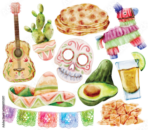 Watercolor Mexican Food and Fiesta Vector Illustration Set, Traditional, Festive, Vibrant, Guacamole, Avocado, Nachos, Tortilla, Tequila, Lime, Piñata, Cactus