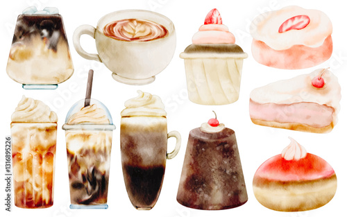 Watercolor Coffee and Dessert Illustration Set, Espresso, Cappuccino, Latte, Mocha, Frappuccino, Cupcake, Cheesecake, Pudding, Donut, Hand Painted, Cozy Café, Sweet Treats