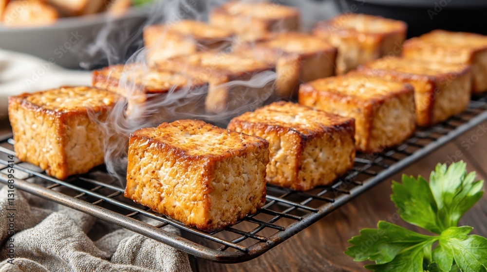 Preservation Smoke Process Concept, Freshly Smoked Tofu Cubes Cooling on a Wire Rack with a Vibrant Green Herb Garnish in a Kitchen Setting Preservation Smoke Process Concept, Freshly Smoked Tofu Cubes Cooling on a Wire Rack with a Vibrant Green Herb Garnish in a Kitchen Setting