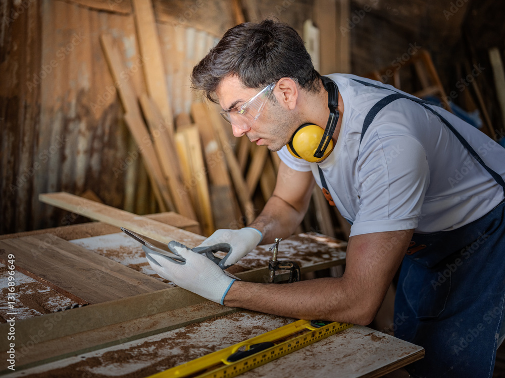 Professional Carpenter use tablet working to making woodcraft furniture in wood workshop look professional high skill making furniture. masterpieces .