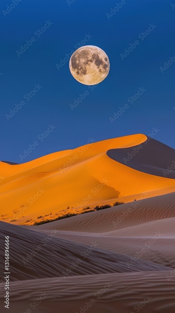 Serene Desert Landscape Under a Bright Moonlit Sky at Dusk Serene Desert Landscape Under a Bright Moonlit Sky at Dusk