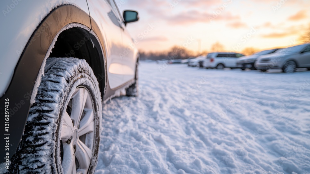 Naklejka premium Cold Infrastructure Damage Concept, Snow Covered Parking Lot with Frosty Cracks and Drifted Snow at Sunset