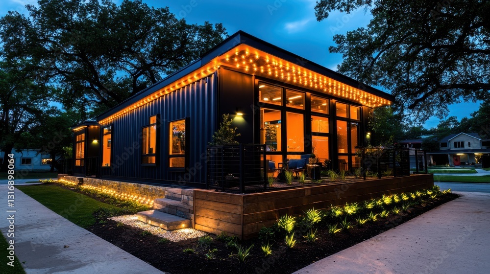 Modern Architectural Design of a Stylish Home with Outdoor Lighting in a Serene Neighborhood Setting at Dusk Modern Architectural Design of a Stylish Home with Outdoor Lighting in a Serene Neighborhood Setting at Dusk