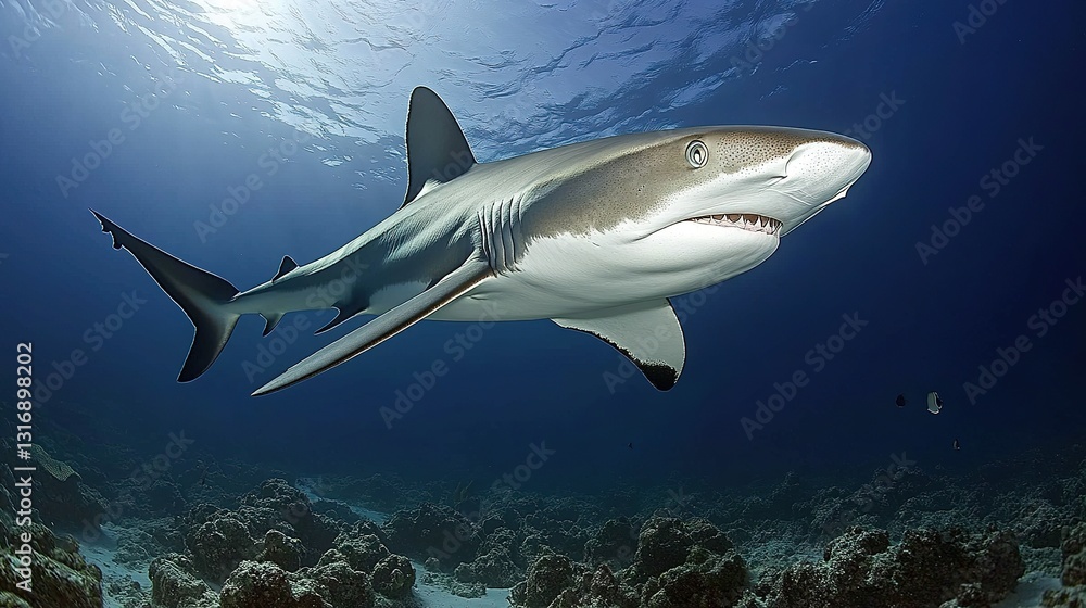 Naklejka premium A shark swimming over a coral reef in the ocean. A close-up of a great white shark. Large shark Ready to attack its prey.
