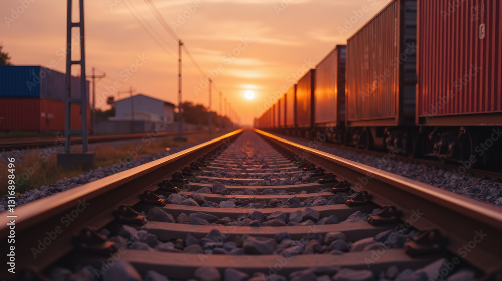 Fototapeta premium tranquil sunset view along railway tracks with freight containers