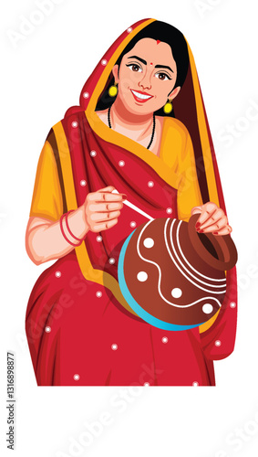 Indian Women Painting on Pot Vector Illustration