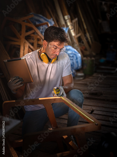 Obraz na płótnie Professional Carpenter use tablet working to making woodcraft furniture in wood workshop look professional high skill making furniture. masterpieces . w salonie