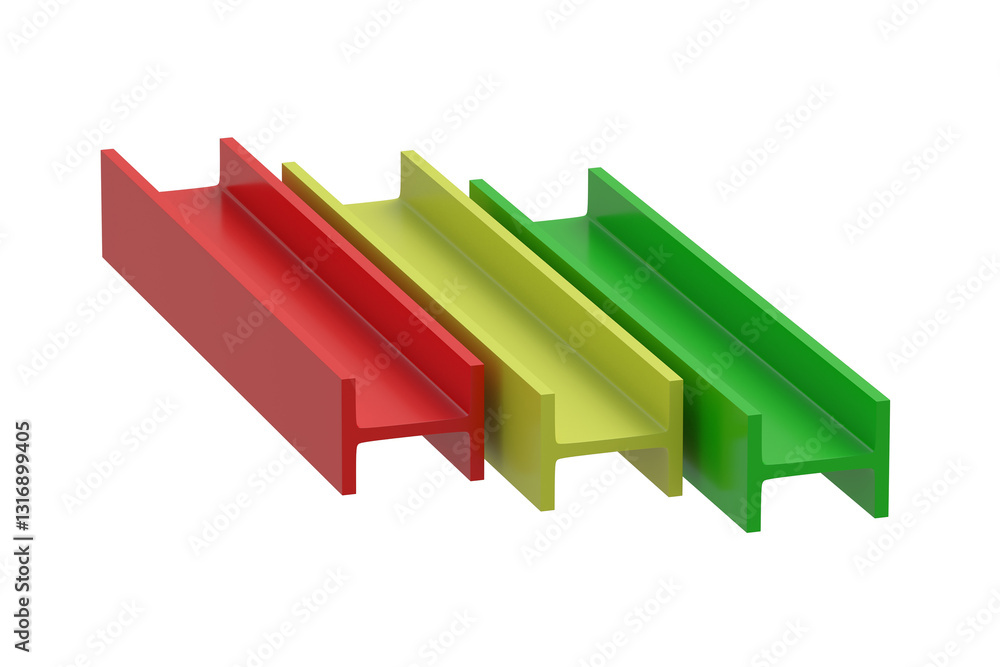 Row of colorful steel beams isolated on white background. Metal girder. Building construction materials. Metallurgy industry. 3d render Row of colorful steel beams isolated on white background. Metal girder. Building construction materials. Metallurgy industry. 3d render
