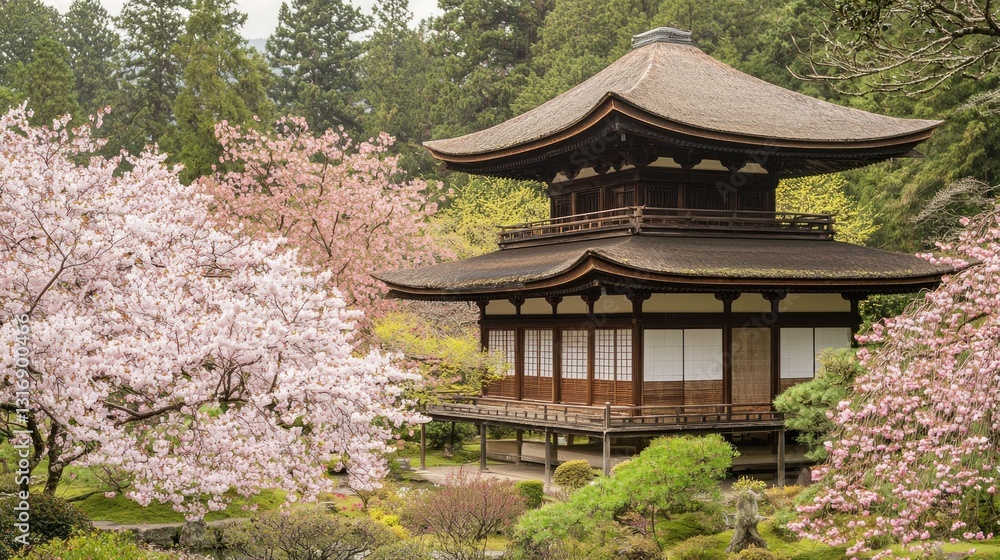 Wooden pagoda amidst blossoming cherry trees in a tranquil garden. Wooden pagoda amidst blossoming cherry trees in a tranquil garden.
