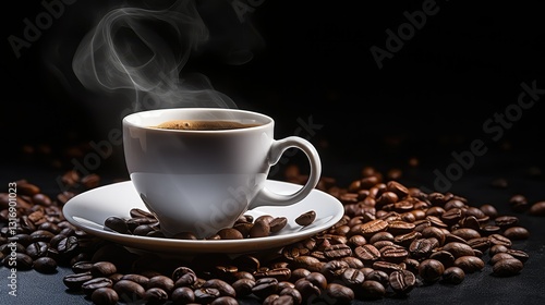 hot coffee cup and beans on white