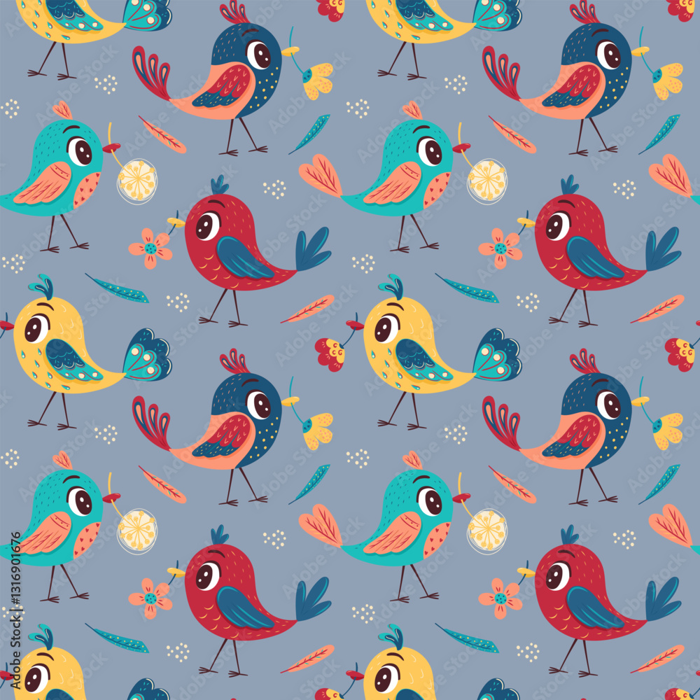 Seamless pattern with cute bright colorful birds with flowers in their beaks on a gray background. Vector illustration for the design of postcards, clothing, textiles, banners and posters. Seamless pattern with cute bright colorful birds with flowers in their beaks on a gray background. Vector illustration for the design of postcards, clothing, textiles, banners and posters.