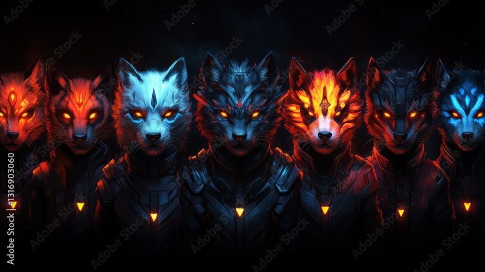 Mythical wolf warriors in futuristic armor Mythical wolf warriors in futuristic armor