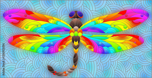 An illustration in the style of a stained glass window with a bright dragonfly on a blue wavy background