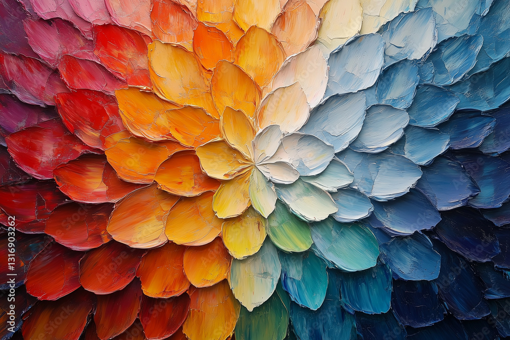 Obraz premium Colorful abstract oil painting showcasing a vibrant arrangement of petal shapes in a spectrum hue. up-close abstract piece resembling a kaleidoscope of textures and colors. copy space
