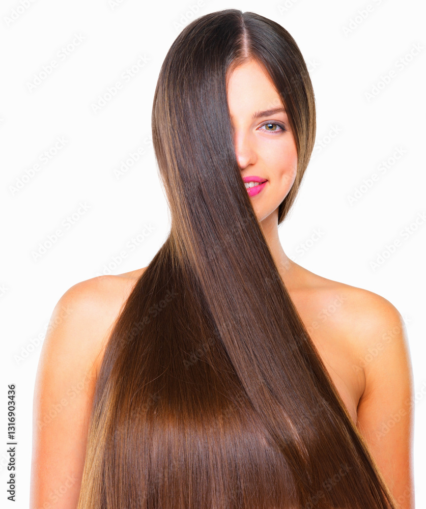 Obraz premium Haircare, smile and portrait of girl in studio for natural keratin treatment, shampoo or healthy glow. Cosmetics, results and face of woman with long hair, wellness and confidence on white background