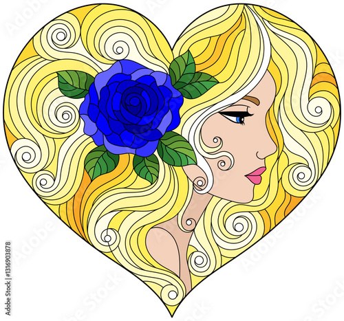 A stained glass illustration with a portrait of a girl with bright hair and a heart-shaped rose