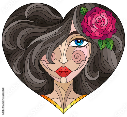 A stained glass illustration with a portrait of a girl with bright hair and a heart-shaped rose