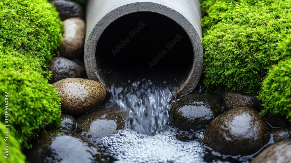 Drain pipe Sewer Drainage Concept, Water Flowing from Drainage Pipe Surrounded by Lush Green Moss and Smooth River Stones Drain pipe Sewer Drainage Concept, Water Flowing from Drainage Pipe Surrounded by Lush Green Moss and Smooth River Stones