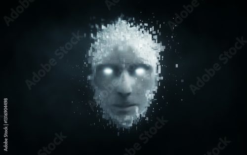 Glowing AI male face formed by white digital blocks on black background
