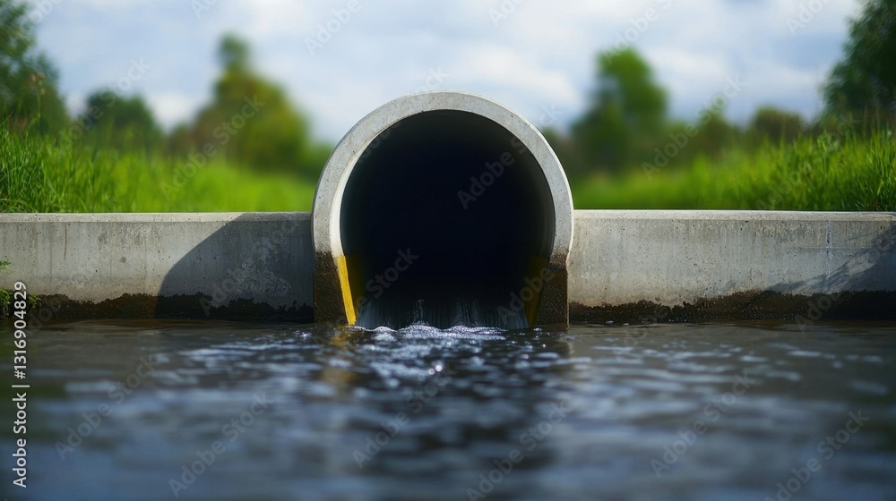 Drain pipe Sewer Drainage Concept, Steady Water Flow from Industrial Storm Drain into Stream Surrounded by Lush Greenery Drain pipe Sewer Drainage Concept, Steady Water Flow from Industrial Storm Drain into Stream Surrounded by Lush Greenery