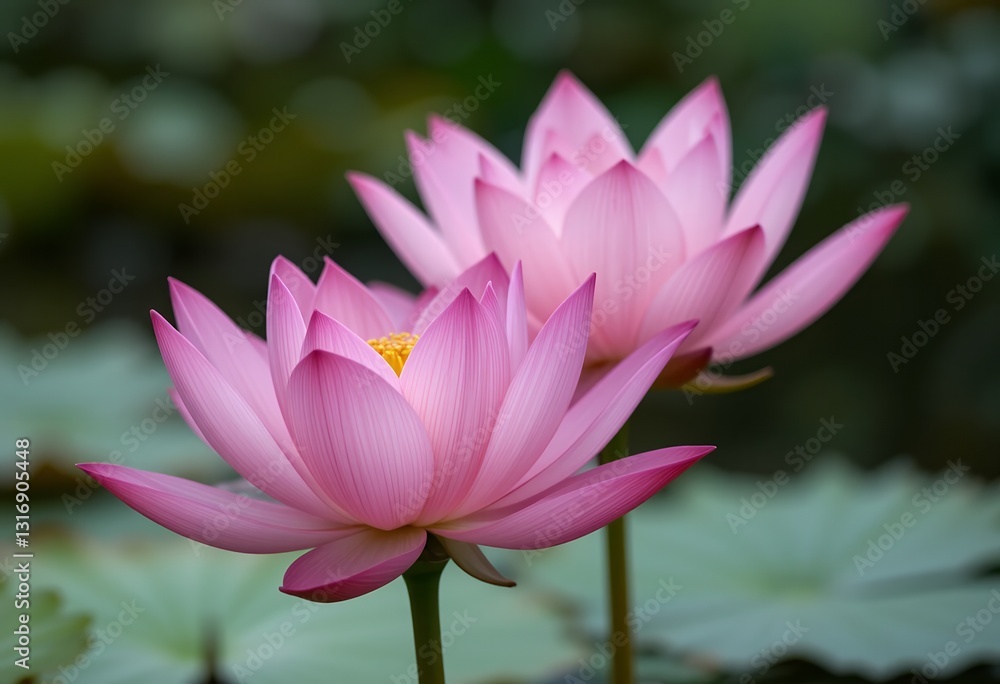Exquisite Pair of Pink Lotus Blossoms in a Tranquil Garden Setting Exquisite Pair of Pink Lotus Blossoms in a Tranquil Garden Setting