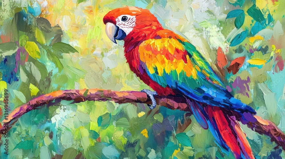 Obraz premium Vibrant Scarlet Macaw perched on a branch amidst lush foliage, painted in an impasto style.
