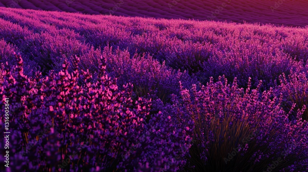 Fototapeta premium Vibrant purple lavender field at sunset.