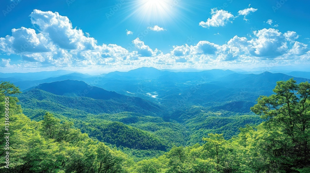 Obraz premium Mountain vista, lush greenery, bright sky