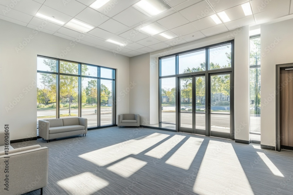 Fototapeta premium Modern office waiting area with large windows and sunlight streaming in.