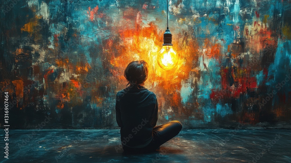 Asian female teen sitting in artistic room with vibrant abstract wall and hanging light bulb Asian female teen sitting in artistic room with vibrant abstract wall and hanging light bulb