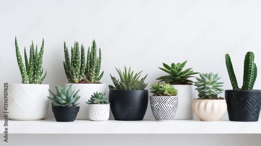 Fototapeta premium A white minimalist shelf decorated with small potted succulents and cacti