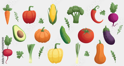 Hand drawn colorful vegetables and salad. Healthy eating. Healthy organic food. Pepper, carrot, pumpkin, zucchini, leek, tomato, arugula. Vector illustration.