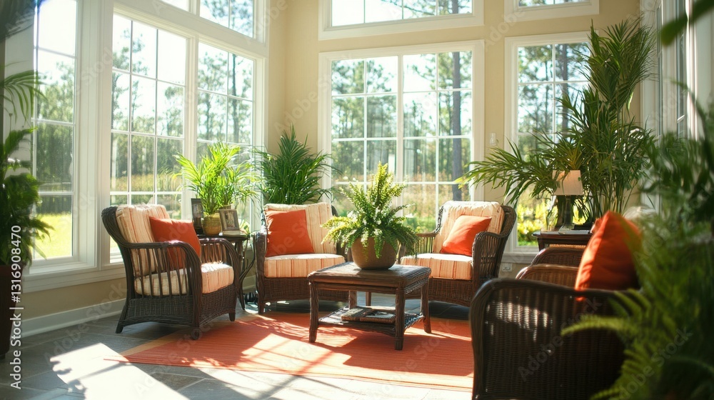 Fototapeta premium Bright and airy sunroom with comfortable seating, indoor plants, and natural decor accents