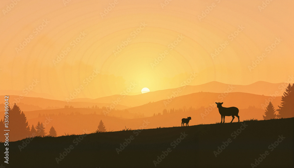 Lamb silhouette grazing against sunrise in countryside, Easter symbolism Lamb silhouette grazing against sunrise in countryside, Easter symbolism