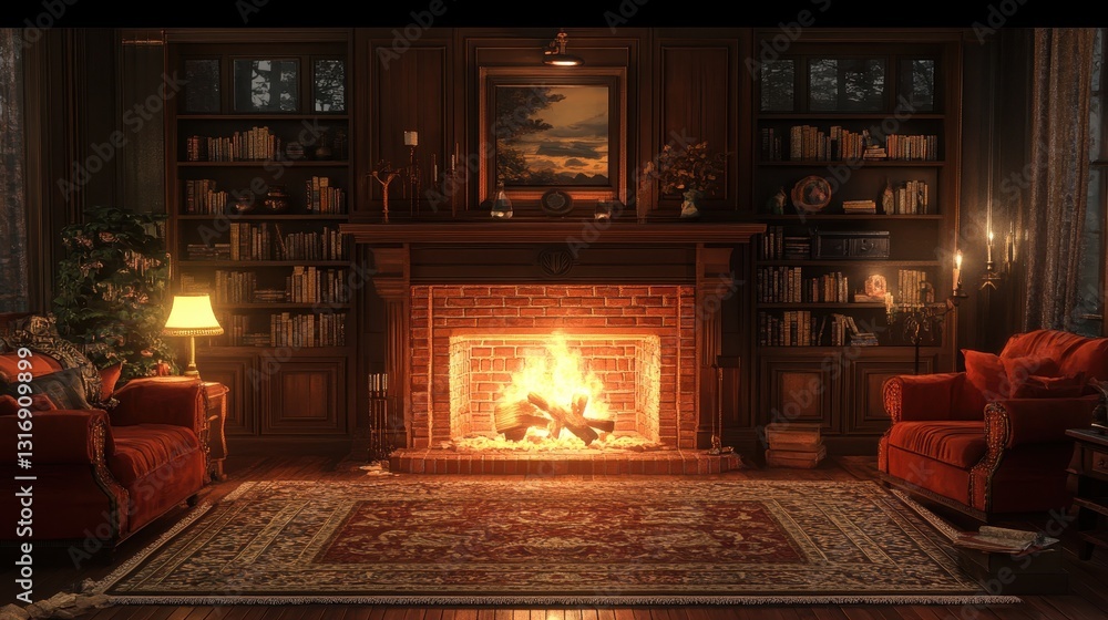Fototapeta premium Cozy library interior with fireplace, warm lighting, and classic wooden bookshelves
