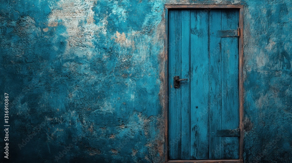 Rustic blue wooden door on weathered wall with rustic texture and unique patina Rustic blue wooden door on weathered wall with rustic texture and unique patina