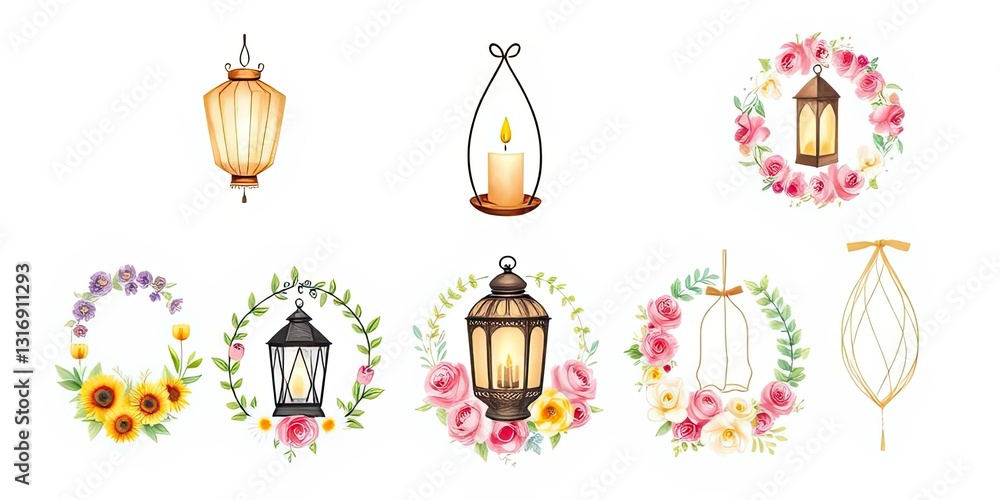 Naklejka premium Watercolor Lanterns Floral Wreaths Candles Romantic Decor