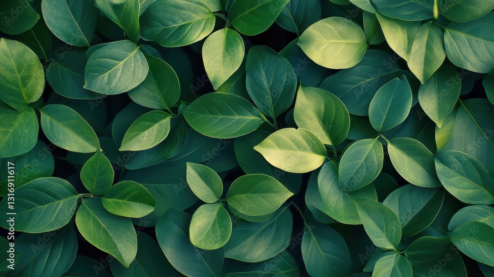 Lush green leaves with varied lighting and textures in a dense foliage arrangement Lush green leaves with varied lighting and textures in a dense foliage arrangement