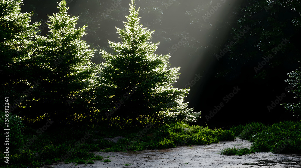 Obraz premium Sunlight streaming through trees in a forest clearing atmosphere