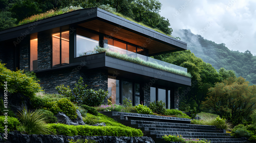 Modern house in a green landscape with a nature backdrop Modern house in a green landscape with a nature backdrop