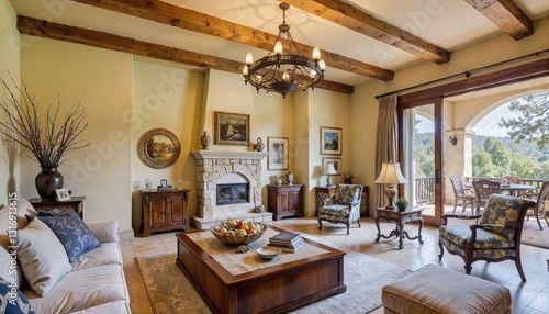 Elegant living room with wood beams and mountain view