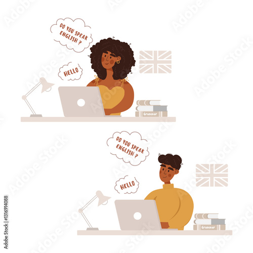 Online language school. Students learn English online.Online education concept. Particular English lessons.English teacher.Vector illustration