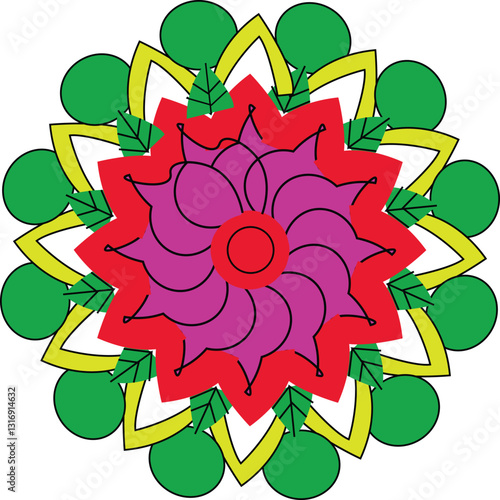 flower with leaves mandala art leaf green and red or purple a yellow flowers mandala for 